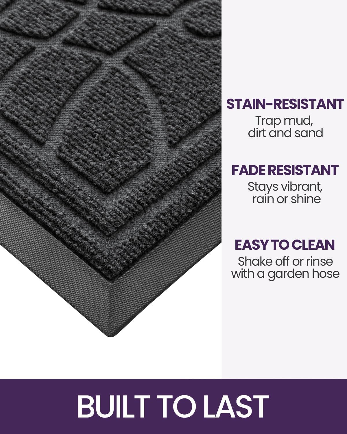 DEXI Front Door Mat Outside Entrance, Heavy Duty Non Slip Low Profile Doormat for Entryway, Trap Dirt and Moisture Welcome Mats, Easy Clean, Patio, Garage, 5x3, Grey