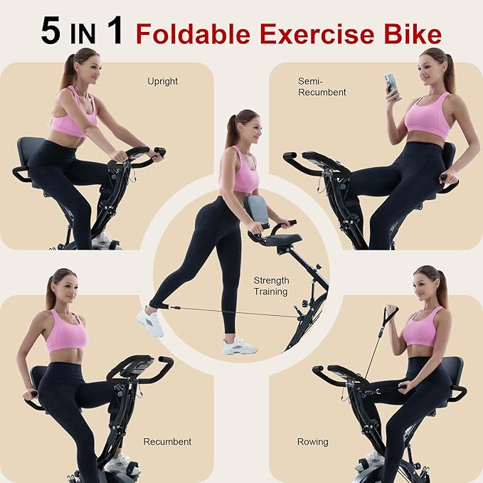 BARWING Stationary Exercise Bike for Home Workout, 5 IN 1 Foldable Indoor Cycling Bike for Seniors, 350LB Capacity, 16-Level Magnetic Resistance, Seat Backrest Adjustments