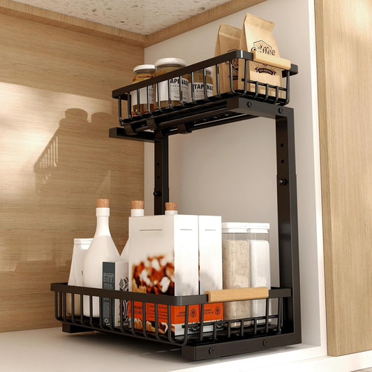 Under Sink Organizer, Under Sink Organizers and Storage, 2-Tier Pull Out Under Cabinet Organizer Storage Shelf, Metal Frame, Height Adjustable Rack for Bathroom Kitchen Pantry