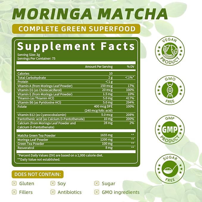 (2 Pack) Moringa Powder – Superfood Blend with Matcha, Green Tea & Resveratrol – Moringa Supplement for Energy, Antioxidant & Immune Support – Vegan, Gluten-Free, Easy-to-Mix Drink (8oz)
