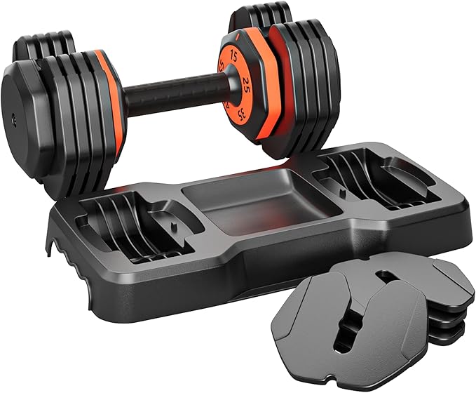 VEICK 25/55 lbs Adjustable Dumbbell with Anti-Slip Turning Handle, Fast Adjust Weight for Men Women, Exercise Equipment with Tray for Home Gym Full Body Workout Fitness