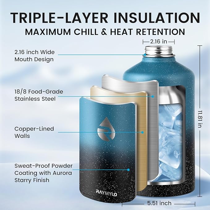 128oz Insulated Water Bottle, Triple Wall Vacuum Stainless Steel Water Bottles - Keeps Cold 48H, Reusable One Gallon Jug for Gym, Sports, Camping, Hiking,Travel, Midnight Blue Speckle
