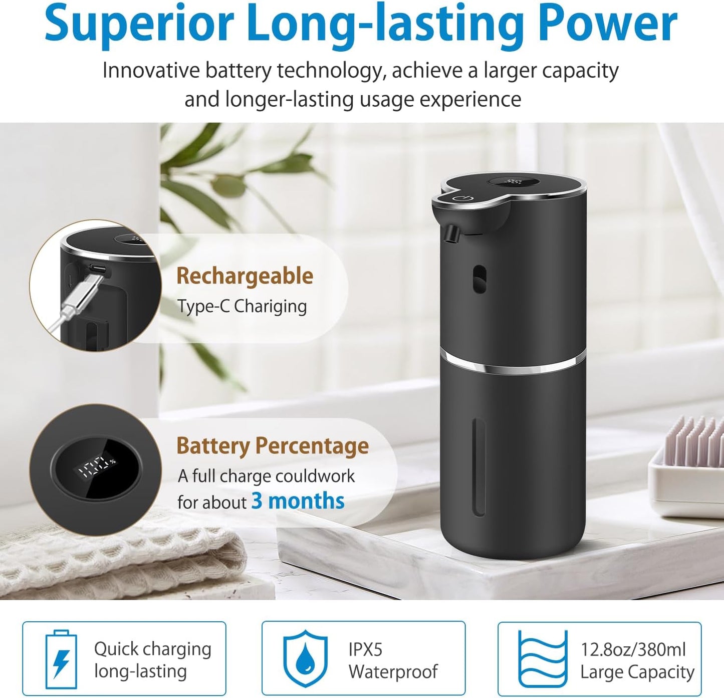 Automatic Foaming Soap Dispenser 12.8oz, Rechargeable & 6 Levels Foaming Adjustable with Digital Display, Wall Mount, Waterproof, Touchless Hand/Dish Soap Dispenser for Kitchen, Bathroom, Hotel