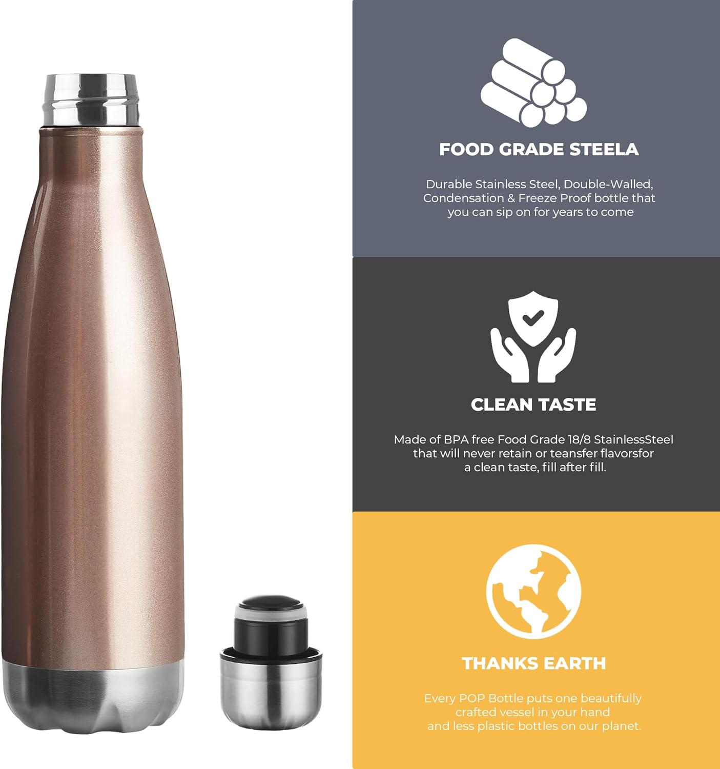 MEWAY 17oz Sport Water Bottle 4 Pack Vacuum Insulated Stainless Steel Leak-Proof Double Wall Cola Shape Water Bottle,Keep Drinks Hot & Cold(Rose Gold,4 Pack)