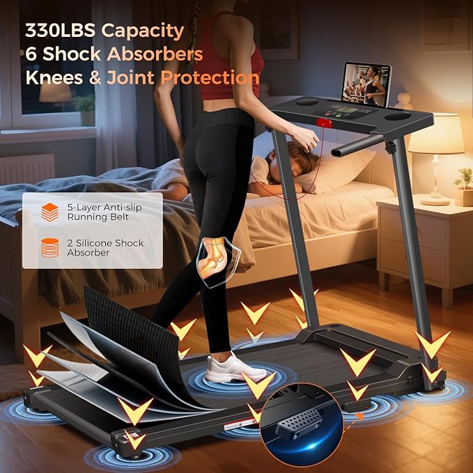 Treadmill with Handles, Portable Small Treadmills for Home and Office, 3.0HP Folding Walking Pad with 300 lbs Capacity, Cup Holder, LED Display and 12 Preset Programs