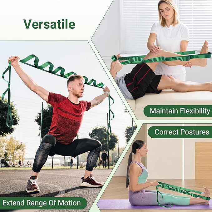 Stretch Strap With Loops For Physical Therapy, Yoga Straps For Stretching With Loops, Non-elastic Leg Straps For Knee Rehab, 8 ft Long x 1.2 inch Wide