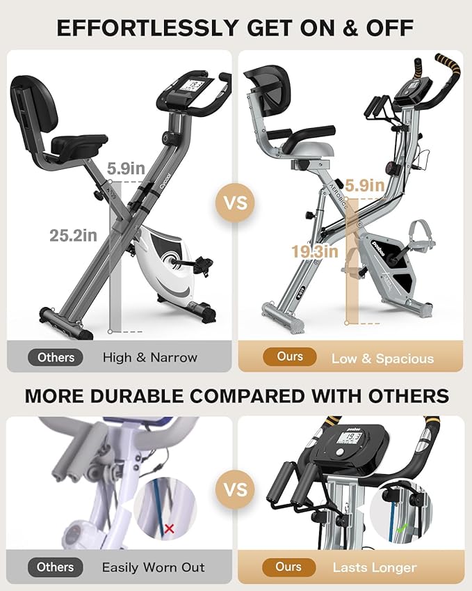 pooboo Folding Exercise Bike, Foldable Upright Stationary Bike, Indoor Cycling Magnetic X-Bike with 8-Level Adjustable Resistance, 6.6 LBS Flywheel, 300LB Capacity, Bottle Holder & Back Support Cushion for Home Gym