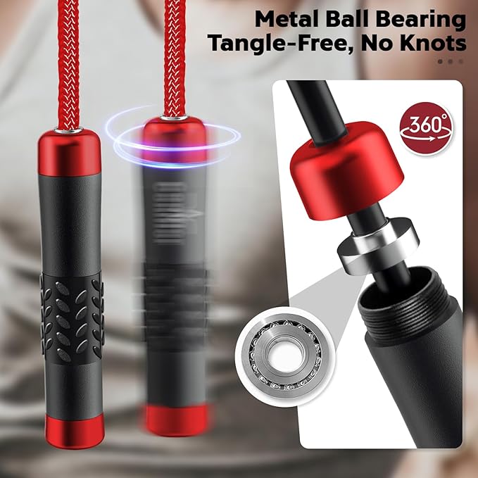 Weighted Jump Rope, 1LB Tangle-Free Ball Bearing Rapid Speed Skipping Rope for Men Women, Adjustable 9mm Cotton & PVC Rope with Alum Handle for Boxing MMA Weight-Loss Athletic Workout Fitness