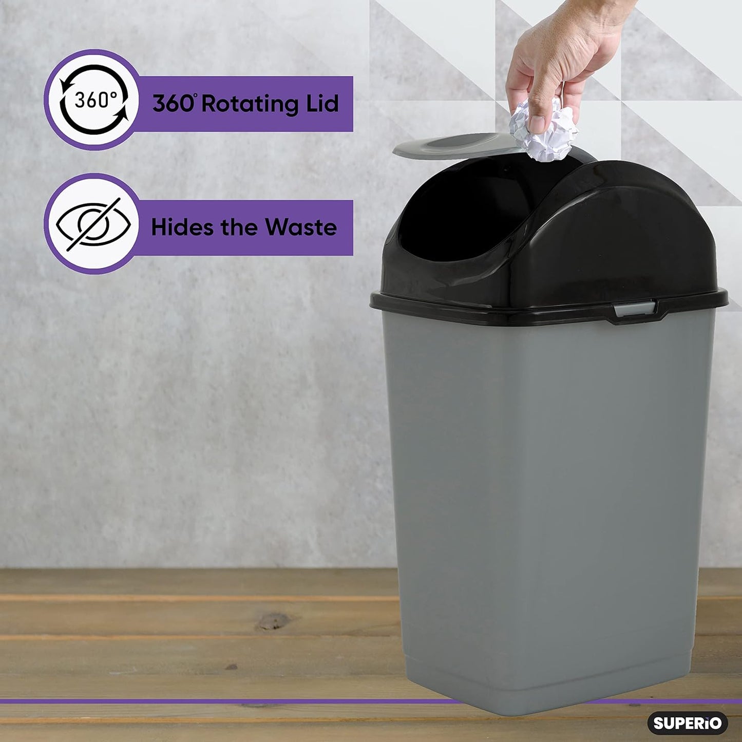 Superio Office Trash Can with Lid 9 Gallon Kitchen Garbage Can Bedroom Waste Basket 37 Qt. Swing Top Trashcan Plastic Durable Waste and Recycle Bin (2, Grey/Black)