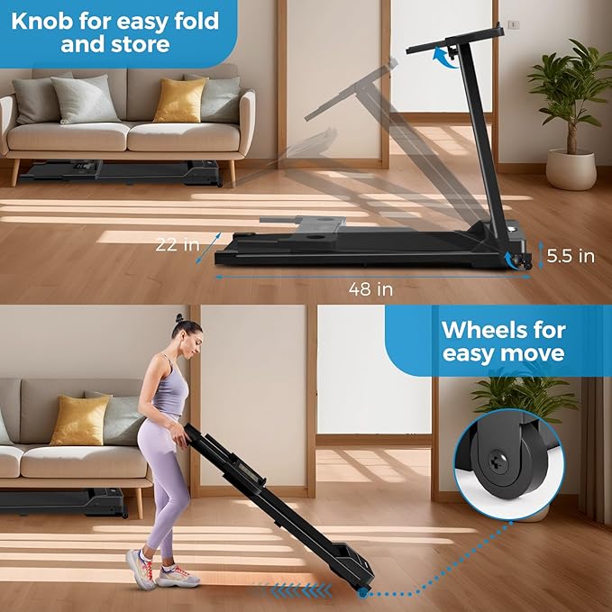 Portable Foldable Treadmills for Home, Small Folding Treadmill for Home Office with 300 LBS Capacity, Walking Running Exercise Electric Compact Treadmill with LED Display