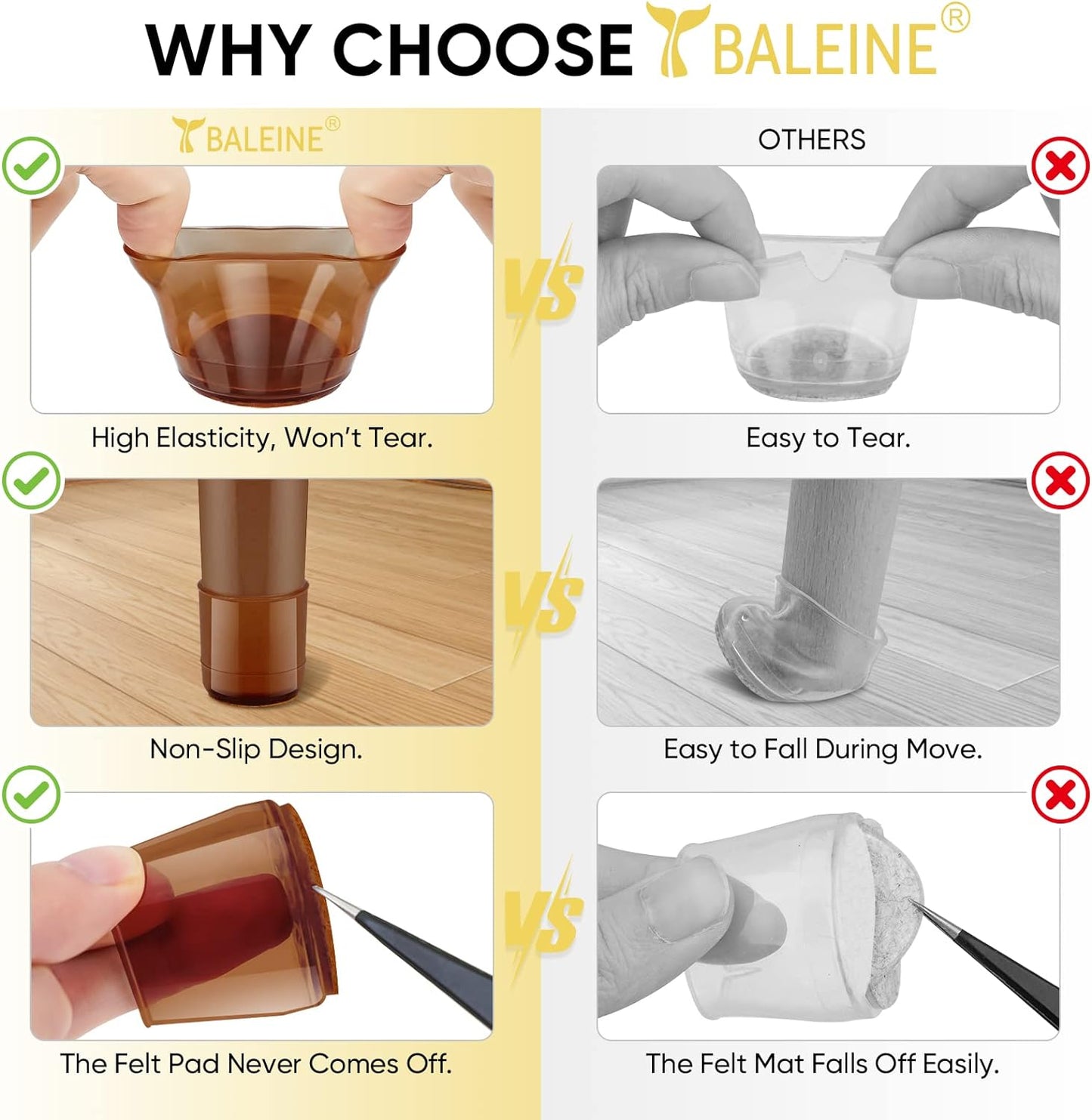BALEINE 32 Pack Silicone Chair Leg Floor Protectors, Stool Leg Protectors Cap, Non-Slip Chair Leg Caps for Hardwood Floors (Brown & Small, 32 Pack)