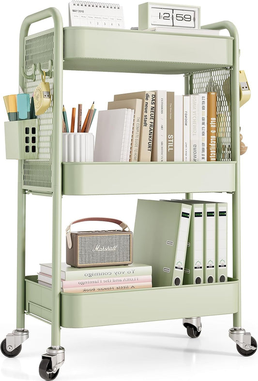 TOOLF 3 Tier Rolling Cart Storage Organizer, Metal Rolling Utility Cart with Wheels, Hooks & Bins Esthetician Craft Art Sturdy Storage with Pegboard for Bathroom, Kitchen, Office, Nursery Diaper