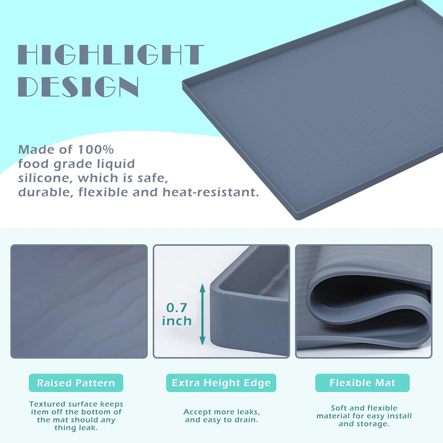 URMONA Waterproof Silicone Under Sink Mat 22'' x 22'' Shelf Liner for Kitchen and Bathroom, Cabinet and Counter Protector, Storage and Organizers, Litter Mat, Pet Cat Puppy Essentials(Light Grey)