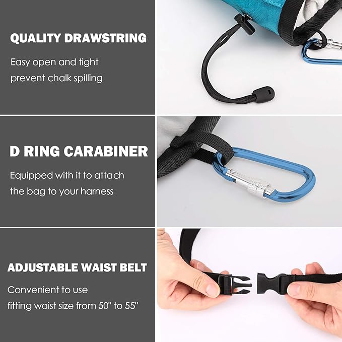 MoKo Rock Climbing Chalk Bag, Bouldering Chalk Pot Bucket with Adjustable Belt & Carabiner Drawstring Climbing Gear