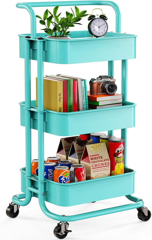 Pipishell 3 Tier Mesh Utility Cart, Rolling Metal Organization Cart with Handle and Lockable Wheels, Multifunctional Storage Shelves for Kitchen Living Room Office Turquoise
