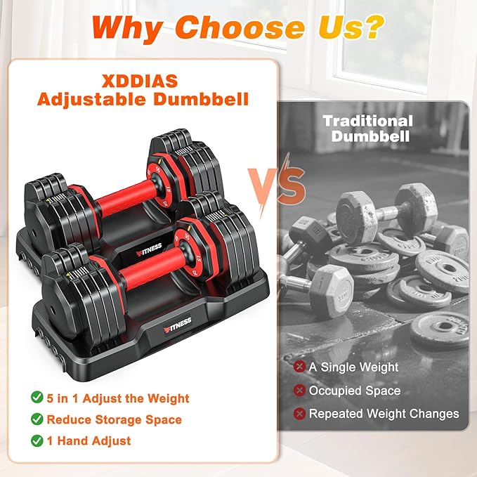 XDDIAS Adjustable Dumbbell Set of 2, 25/55/80LB Dumbbell Set-1Sec Adjustable Weights-5/10 in 1 Free Weights Dumbbells Set with Effortless Tray/No-Slip Handle-Compact Size for Women/Men at Home Gym