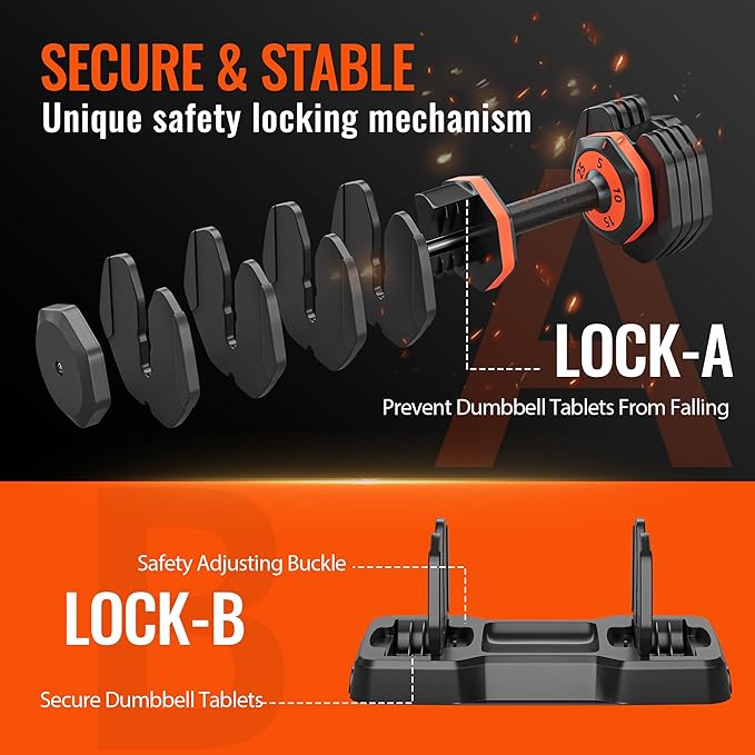 VEICK 25/55 lbs Adjustable Dumbbell with Anti-Slip Turning Handle, Fast Adjust Weight for Men Women, Exercise Equipment with Tray for Home Gym Full Body Workout Fitness