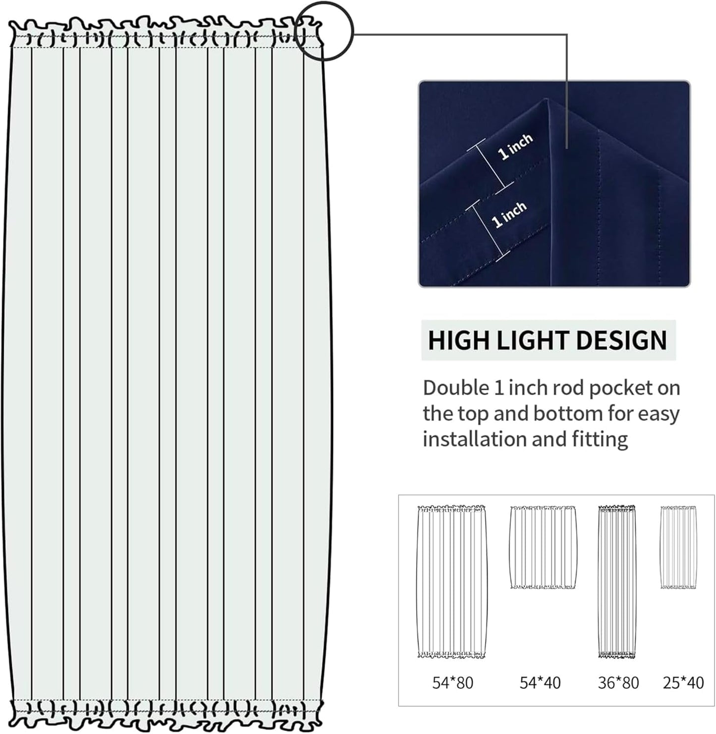 DWCN French Door Curtains – Rod Pocket Thermal Blackout Curtain for Doors with Glass Window, Kitchen and Patio Doors for Privacy, 36 X 80 Inches Long, 1 Curtain Panel with Tieback, Navy Blue