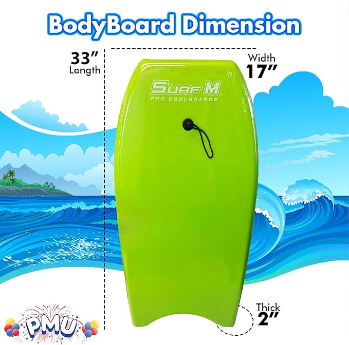 PMU 33 Inch Lime Green Bodyboard - Lightweight Wrist Leash, Surf Mania, Slick Bottom Boards for Beach, Sea & Pool - Surfing Board for Kids, Teens & Adults Wave Conditions Pkg/1
