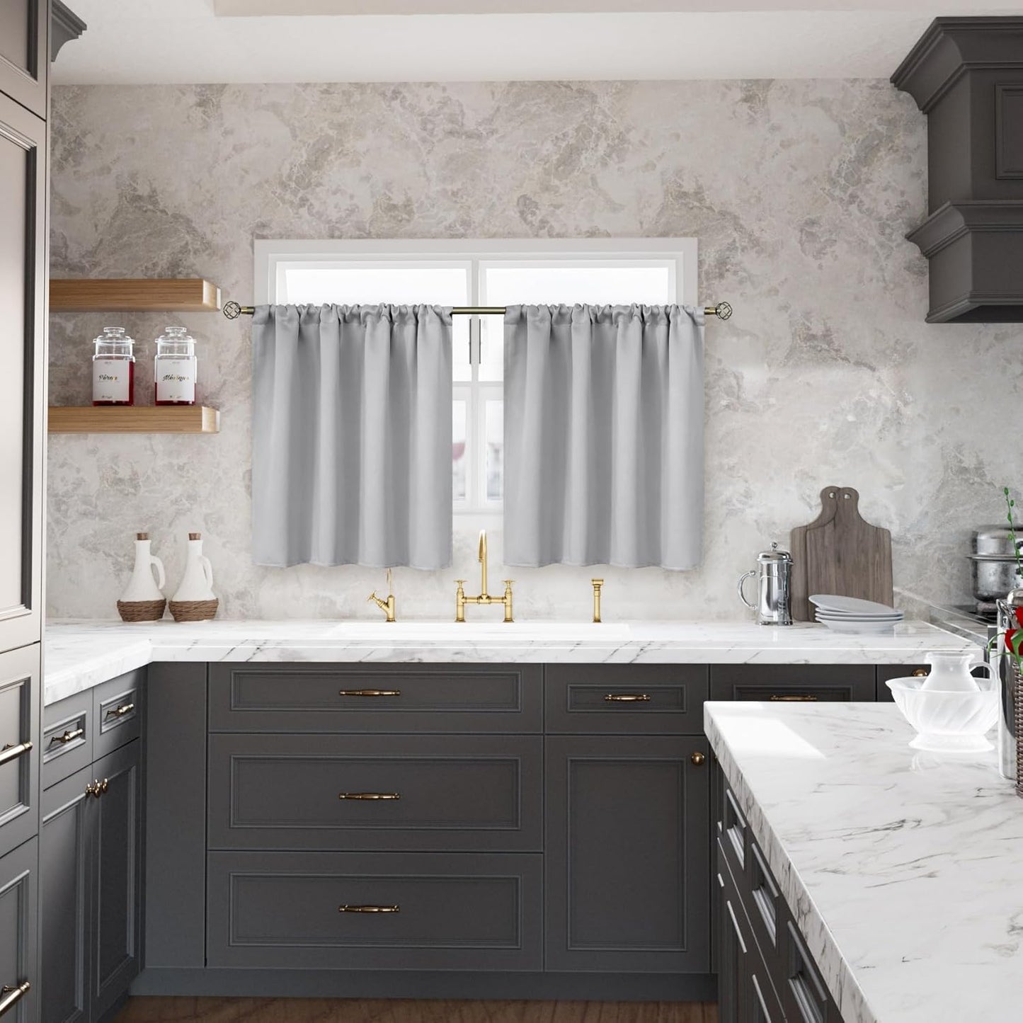 BGment Small Window Curtains 30 Inches Length for Kitchen Over Sink - Rod Pocket Short Drapes for Cafe Bathroom Basement RV Camper Privacy Decorative, Light Grey, 2 Panels, 29 x 30 Inch