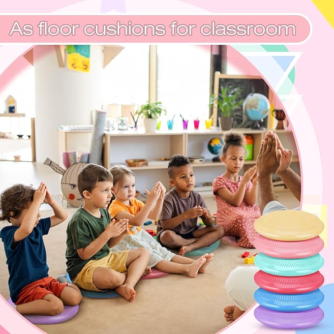 Amylove 6 Pcs Inflated Wobble Cushion Pump Wiggle Seat for Sensory Kids Flexible Seating Exercise Balance Disc Sensory Chair for Office School Home Equipment, Pump Included