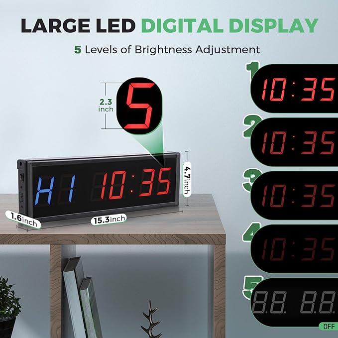 15'' Bluetooth Gym Timer Clock for Home Gym Digital Display Gym Clock Stopwatch Interval Workout Timer Adjustable Buzzer Volume with Remote and APP Control for Sport Boxing Fitness Kitchen