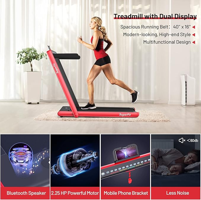 GYMAX Walking Pad, Dual LED Display 2 in 1 Under Desk Treadmill for Home with Remote & Smart App Control, 2.25HP Foldable Portable Treadmill Running Machine for Office Small Space