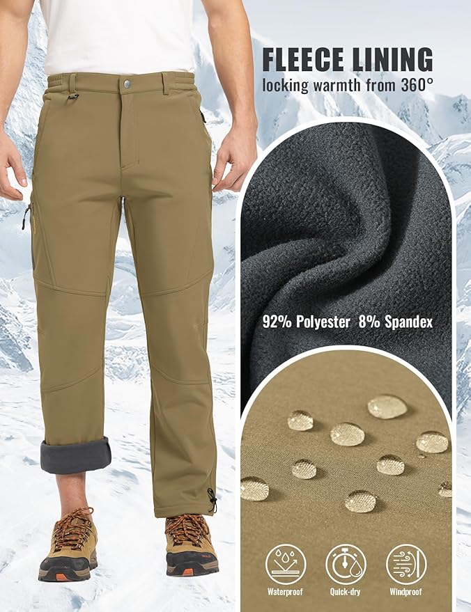 Rdruko Men's Snow Pants Waterproof Insulated Winter Hiking Pants Snowboard Fleece Lined Softshell Ski Pants