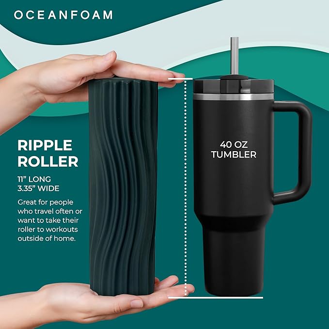 Oceanfoam Ripple Travel Foam Roller (11" x 3.35") Firm Mini Foam Roller for Physical Therapy, Deep Tissue Massage, Back Pain - High Density, Ergonomic Wave Textured - Yoga, Pilates, Exercise (Hunter)