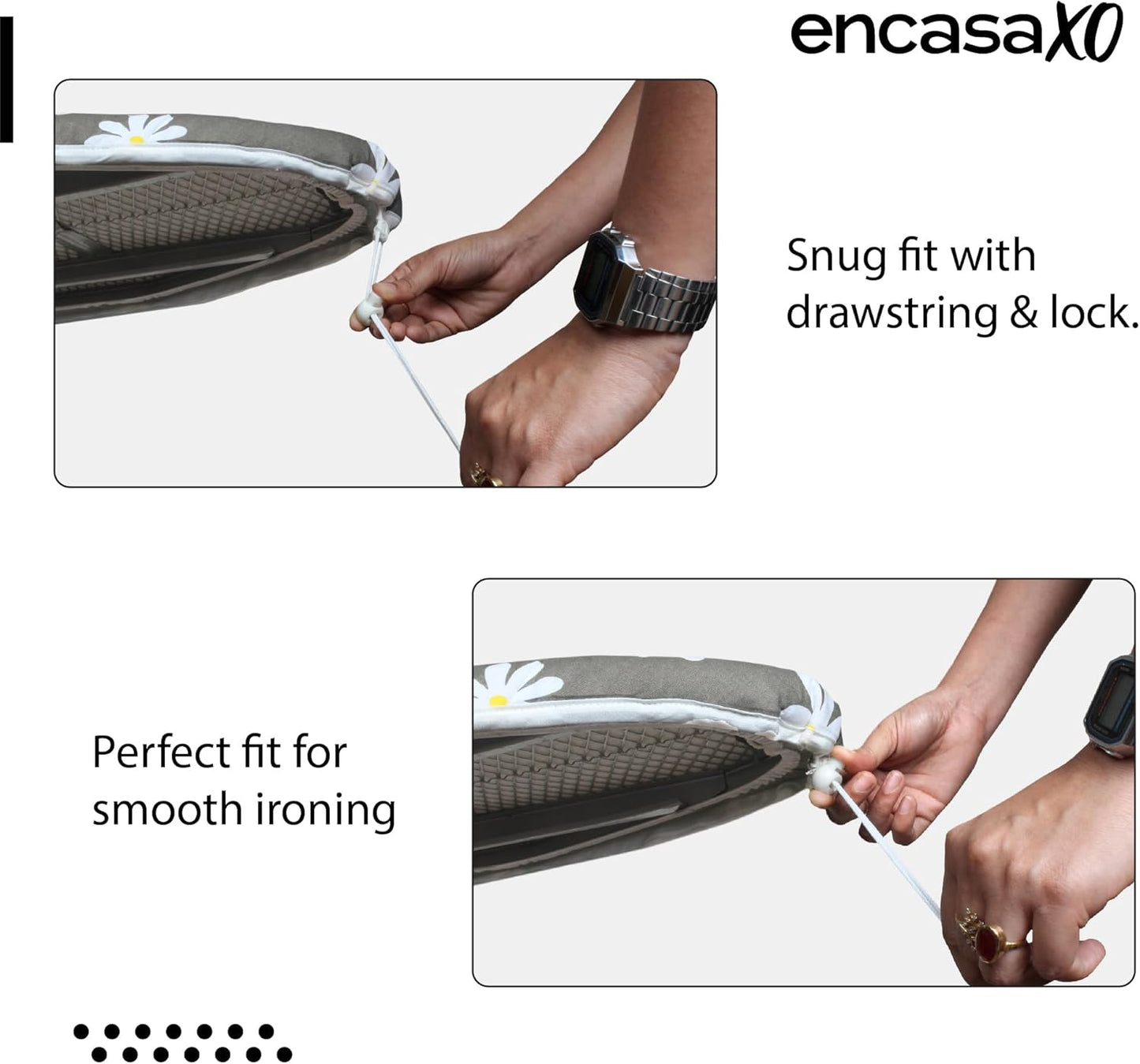 Encasa XO Ironing Board Cover and Pad 57"x22" - Thick 3mm Felt Padding, Drawstring Tightening & Lock, Easy Fit, Scorch & Stain Resistant, Fits X-Large Ironing Board - Daisy Grey