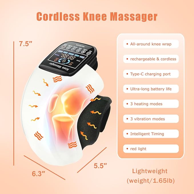 Knee Massager, Cordless Massager with Heat and Compression LED Screen Wearable Infrared Vibration Rechargeable Electronic Massage for Joint Pain Injury Swelling Stiffness, 1.0 Count