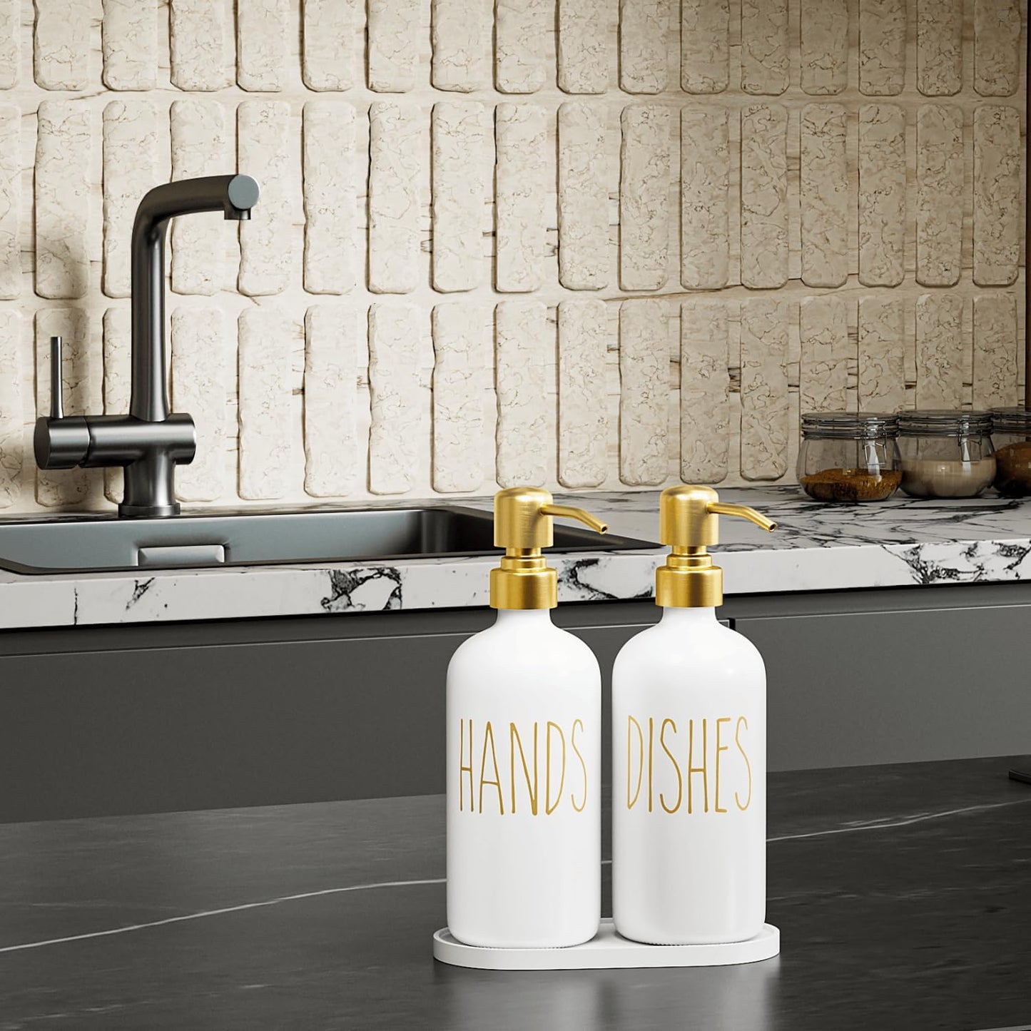 MOMEEMO Kitchen Soap Dispenser Set, Contains Dish and Hand Soap Dispenser, Suitable for Kitchen Counter Decor. (White)