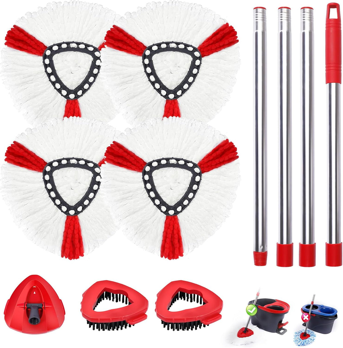 Mop Heads Replacements Complete Combo for O-Ceda,4 Pcs Red Machine Washable Microfiber Spin Mop Refills Replace Heads,2 Scrub Brushs,1 Base,1 Set Handle,Spin Mop Replacements for Tub and Tile Cleaning