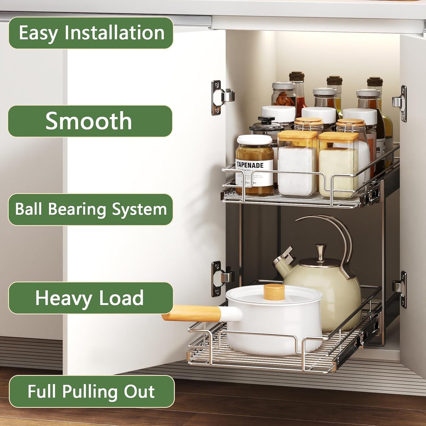 2 Tier Individual Pull Out Cabinet Organizer 15½" W x 21½" D, Heavy Duty Cabinet Pull Out Shelves, Slide Out Drawers Organization for Kitchen Cabinets Bathroom