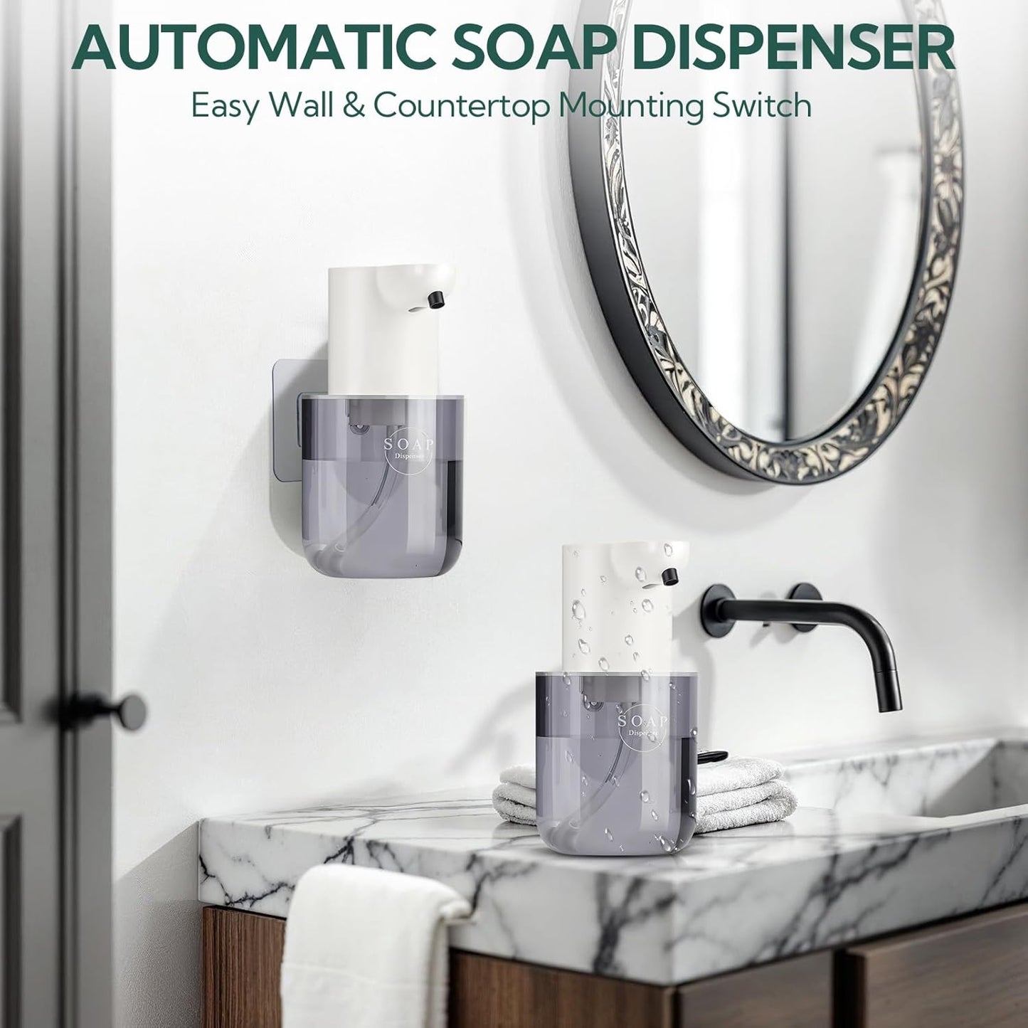 2 Pack Automatic Soap Dispenser, Touchless Automatic Foaming Soap Dispenser, Electric Wall Mounted Dispenser, 13.5oz/400ML USB Rechargeable with 4-Level Adjustment for Bathroom, Kitchen & Office