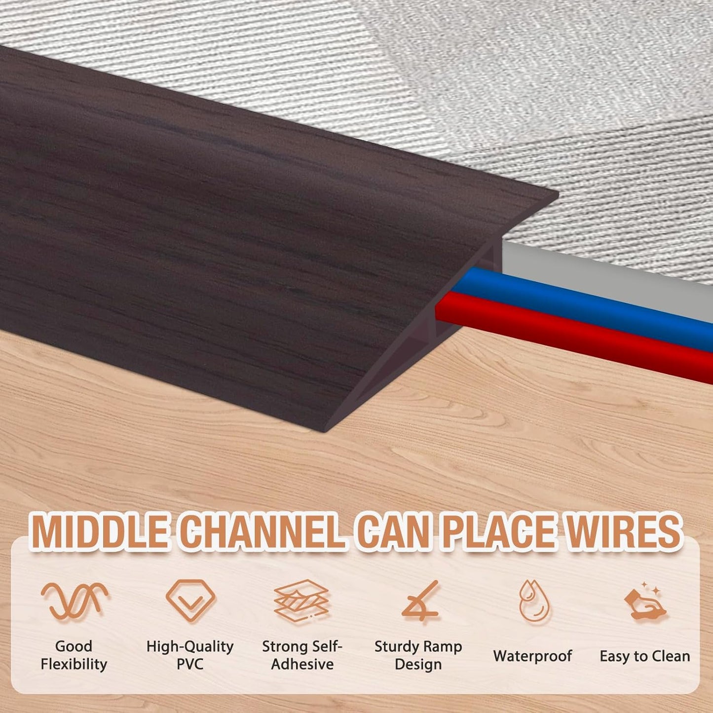 Floor Transition Strip Self Adhesive Vinyl Door Threshold for Doorways Carpet Edging Trim Overlap Edge Reducer for Laminate Floor, Carpet, Tile (Dark Walnut Grain, 3/5" to 4/5", 6.6Ft)