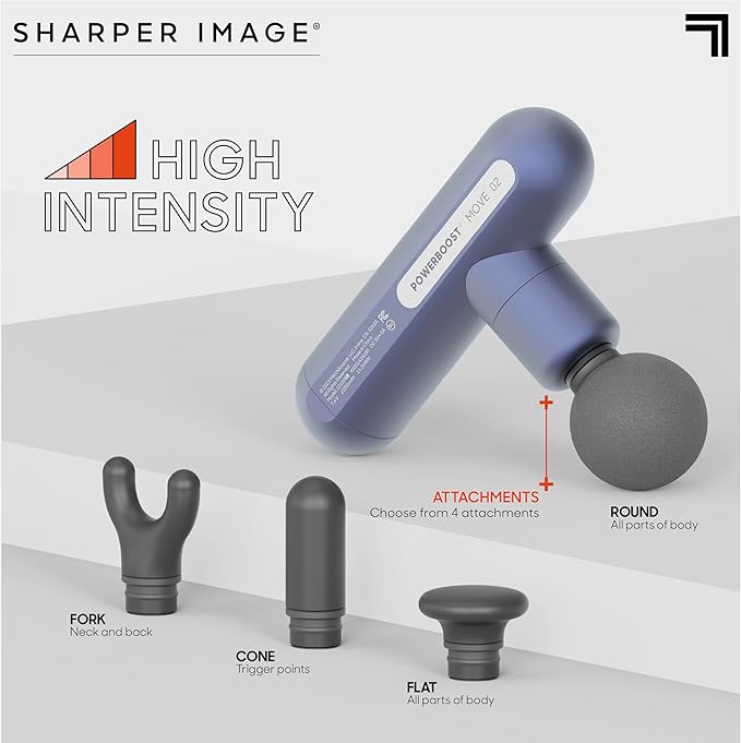 Sharper Image Powerboost Move 2.0 - Mini Percussion Massage Gun| 4 Attachments, 4 Speeds| Portable Full Body Back & Shoulder Massager| Muscle Recovery & Pain Relief| Deep Tissue Massage Tool Gift