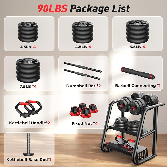 Adjustable dumbbell set,20/35/45/55/70/90lbs Free Weights set with upgraded nut, 4 in 1 Weight Set Used as Kettlebells, Barbell, Push up Stand, Fitness Exercise for Home Gym Suitable Men/Women