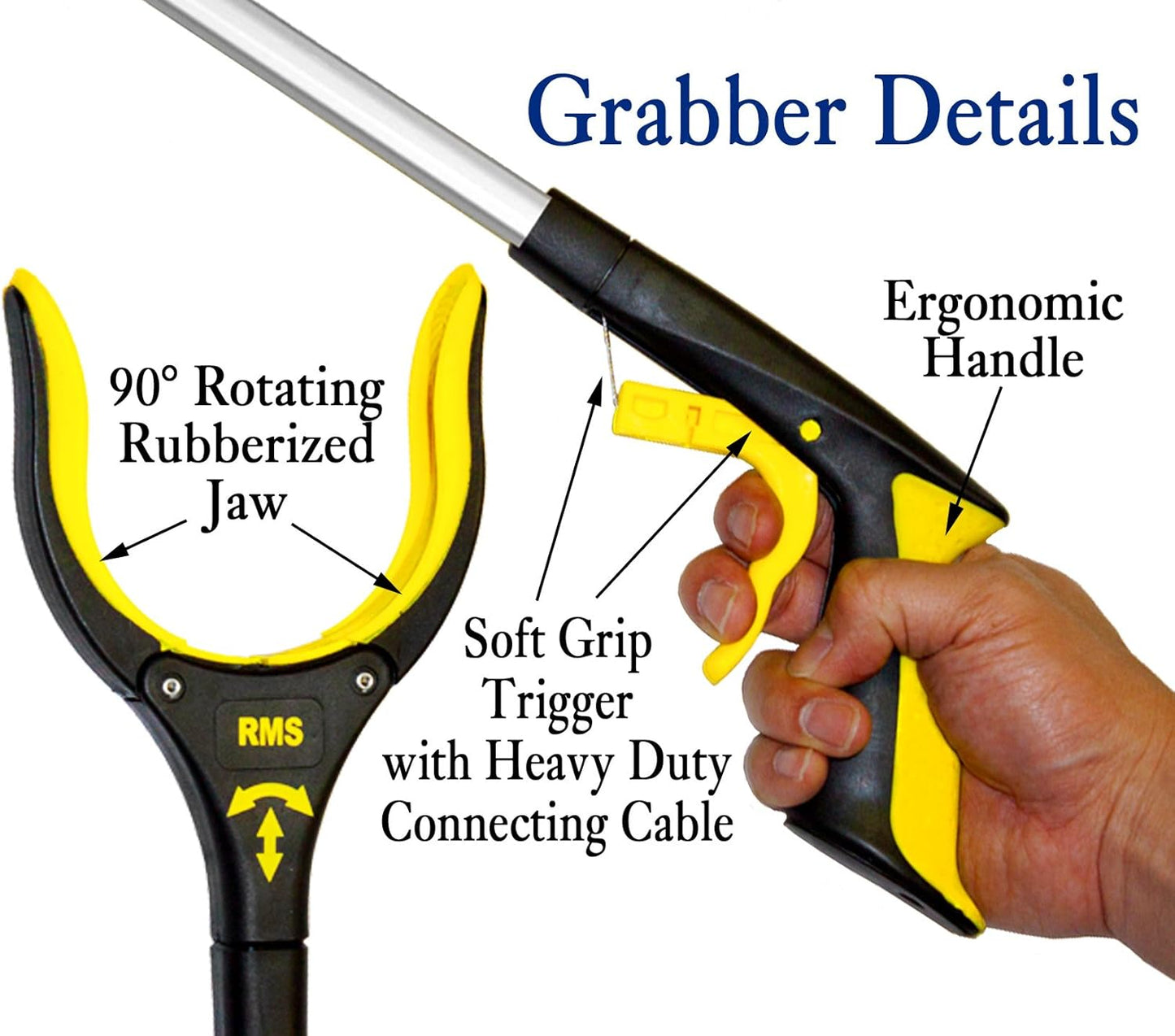 RMS 2-Pack 32 Inch Extra Long Grabber Reacher with Rotating Jaw - Mobility Aid Reaching Assist Tool (Yellow)