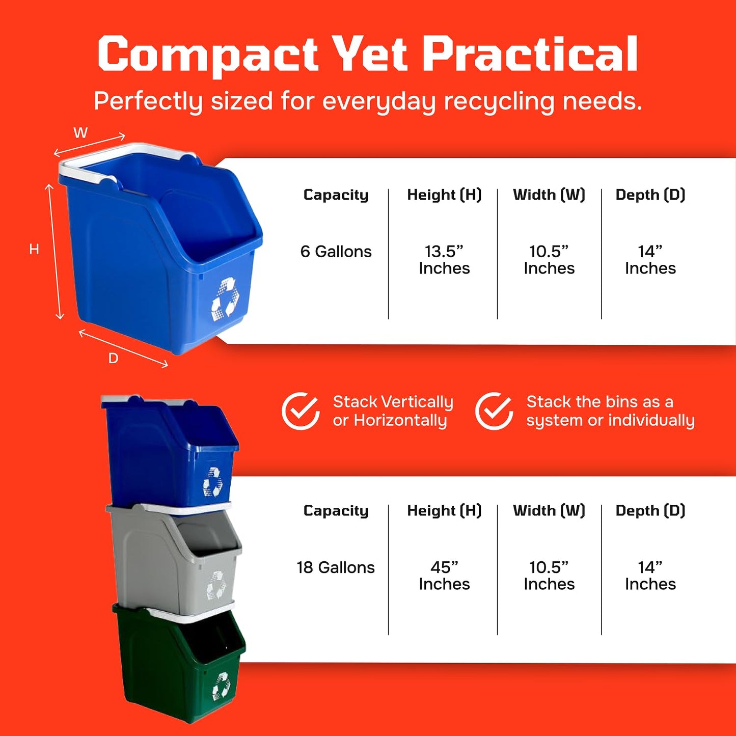 Multi Bin Recycling System with Three Stackable 6 Gallon Recycle Bins to Build Your Recycling Center for Offices, Kitchen, Garages, Businesses - (3 Pack, Blue/Yellow/Green)