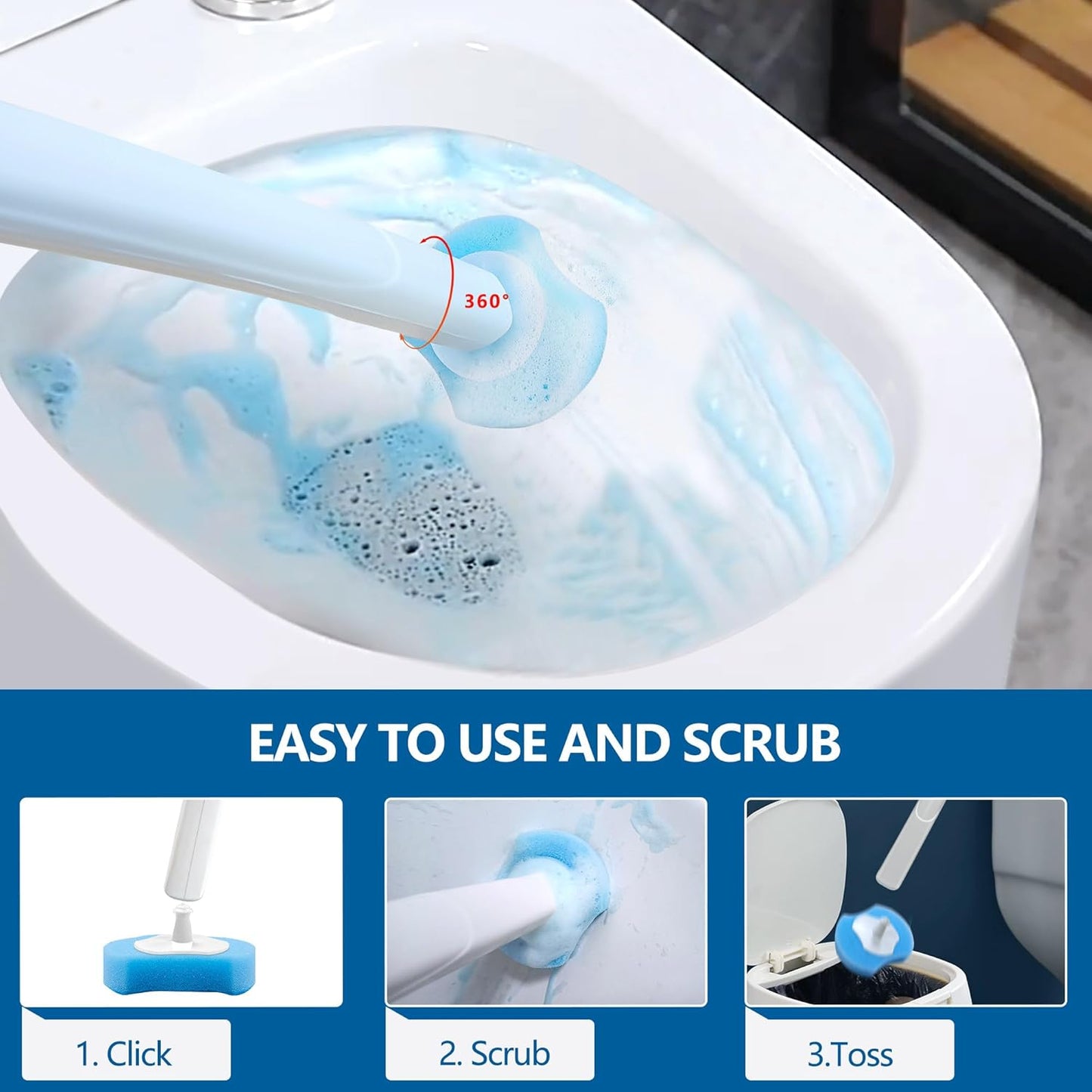 144 Count Toilet Brush Refills for Most Wands, Toliet Wand Refills-Blue Disposable Sponge Refill Heads Prefilled Cleaning Fluid for Bathroom Toilet Cleaning.