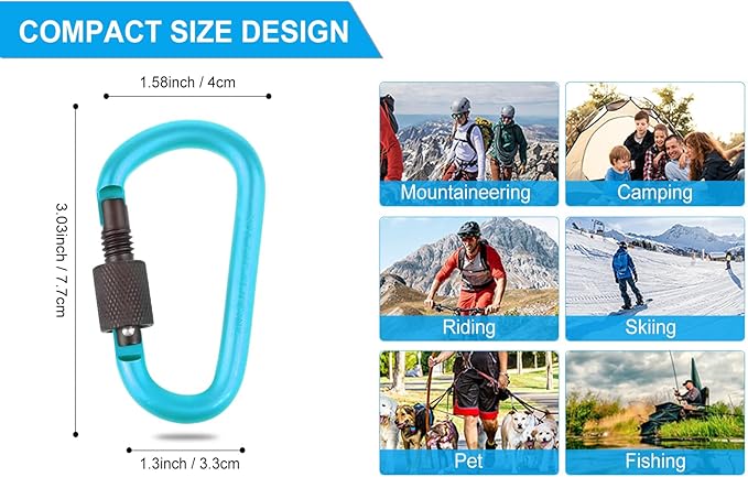 10 Pack Aluminum D Ring Key Rings Hiking Clips Locking Carabiner for Hiking Camping Fishing and Outdoor Use，Clips with Screw Gate Multicolored