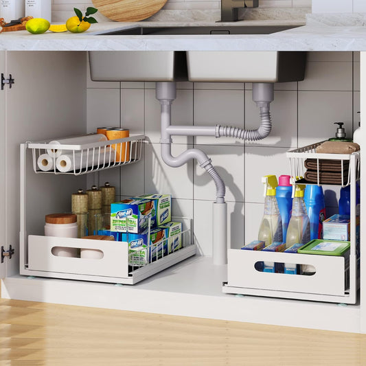 2 Pack Under Sink Organizer, 2 Tier Under Sink Organizers and Storage Multi-Purpose Under Sink Storage for Bathroom Kitchen (White)