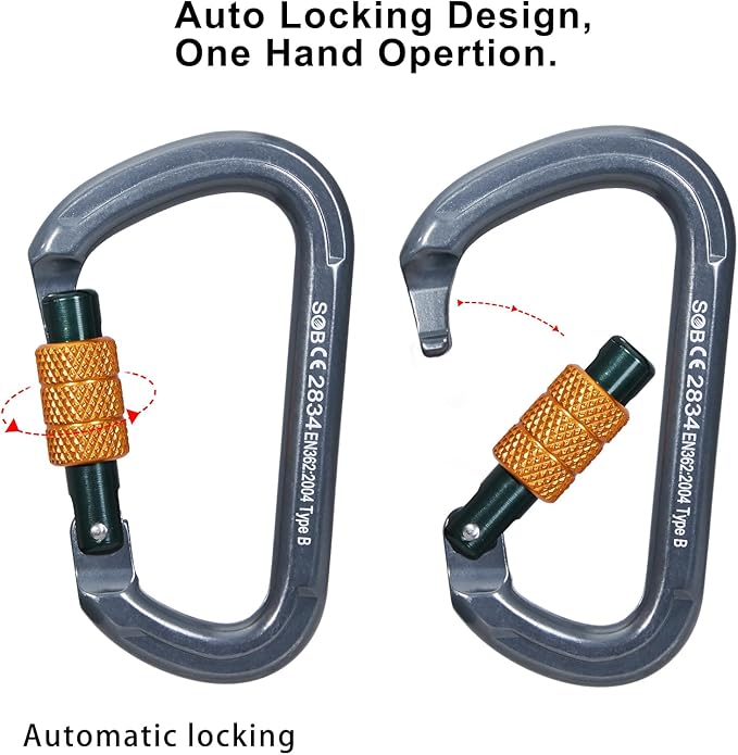 SOB Auto Locking Climbing Carabiner Clips,Heavy Duty Asymmetrical Carabiner Connector Used for Rappelling Gear Rescue Outdoor Projects Dog Leash