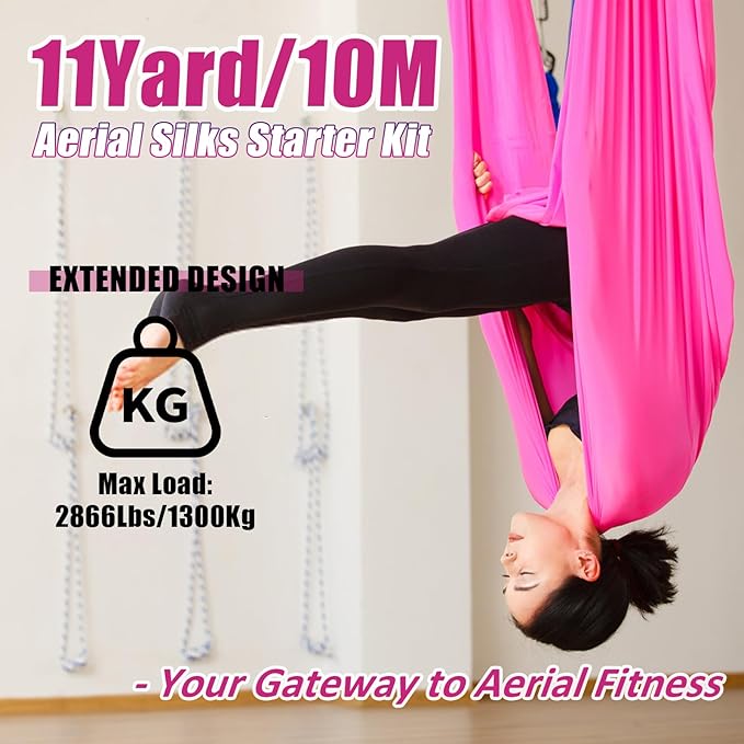 Aerial Silks Kit & Aerial Yoga Hammock - 11Yd Premium Fabric Hardware - Easy Setup for Flying Yoga, Aerial Swing & Fitness - Supports Up to 14ft Rigging