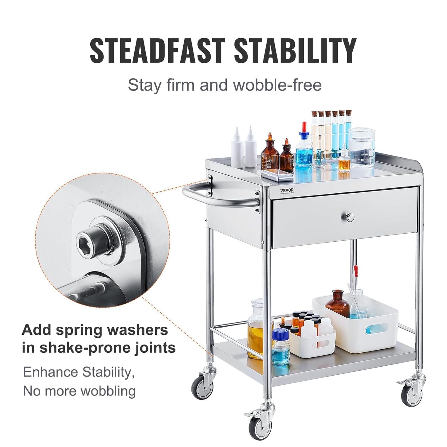 VEVOR Medical Cart, 2-Layer Stainless Steel Cart 220 lbs Weight Capacity, Lab Utility Cart with 360° Silent Wheels and a Drawer for Lab, Clinic, Kitchen, Salon, 141002