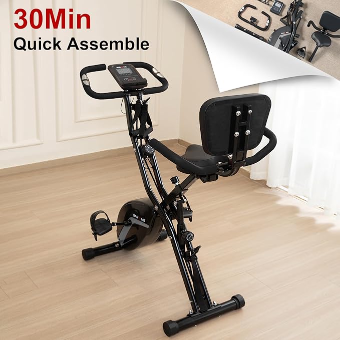 BARWING Stationary Exercise Bike for Home Workout, 5 IN 1 Foldable Indoor Cycling Bike for Seniors, 350LB Capacity, 16-Level Magnetic Resistance, Seat Backrest Adjustments