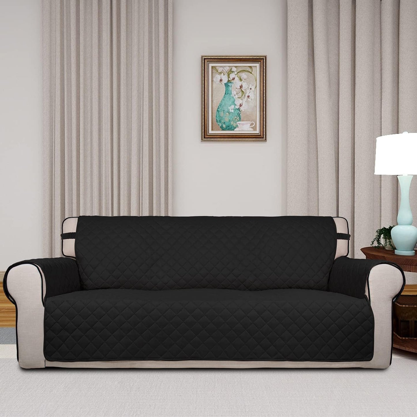PureFit Reversible Quilted Sofa Cover, Water Resistant Slipcover Furniture Protector, Washable Couch Cover with Non Slip and Elastic Straps for Kids, Pets (Sofa, Black/Black)