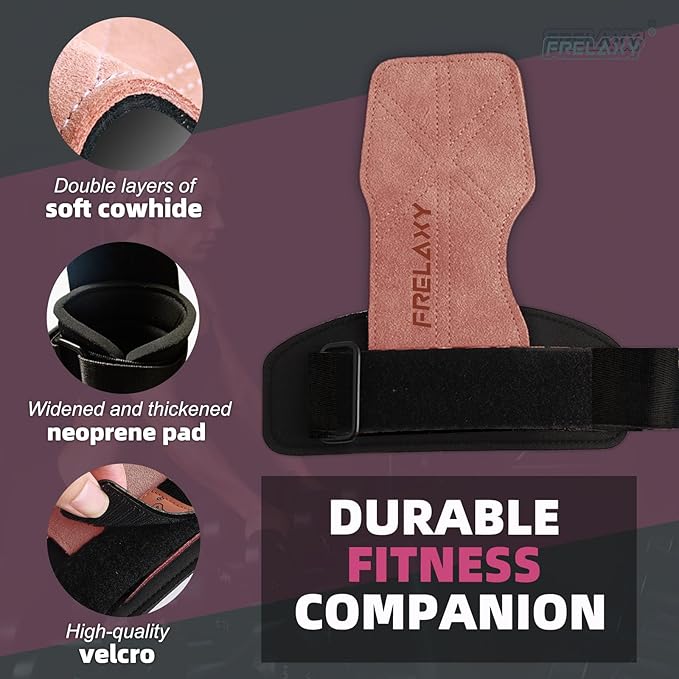 Frelaxy Lifting Wrist Straps Women and Men, Weight Lifting Grips with Cushion Wrist Loop, Double Layer Leather and Storage Pouch, Gym Workout Straps for Deadlift and Powerlifting