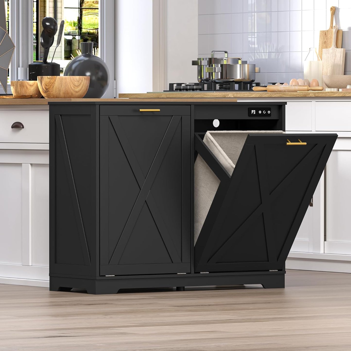 Tilt Out Trash Can Cabinet for 2 Bins, Hidden Recycle Garbage Bin Enclosure, Wooden Double Laundry Cabinet with Odor Control, Negative Ion & Ozone, for Kitchen, Bathroom, Laundry Room